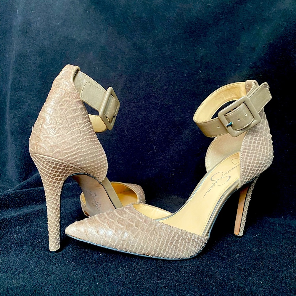 Jessica Simpson tan snakeskin ankle strap heels